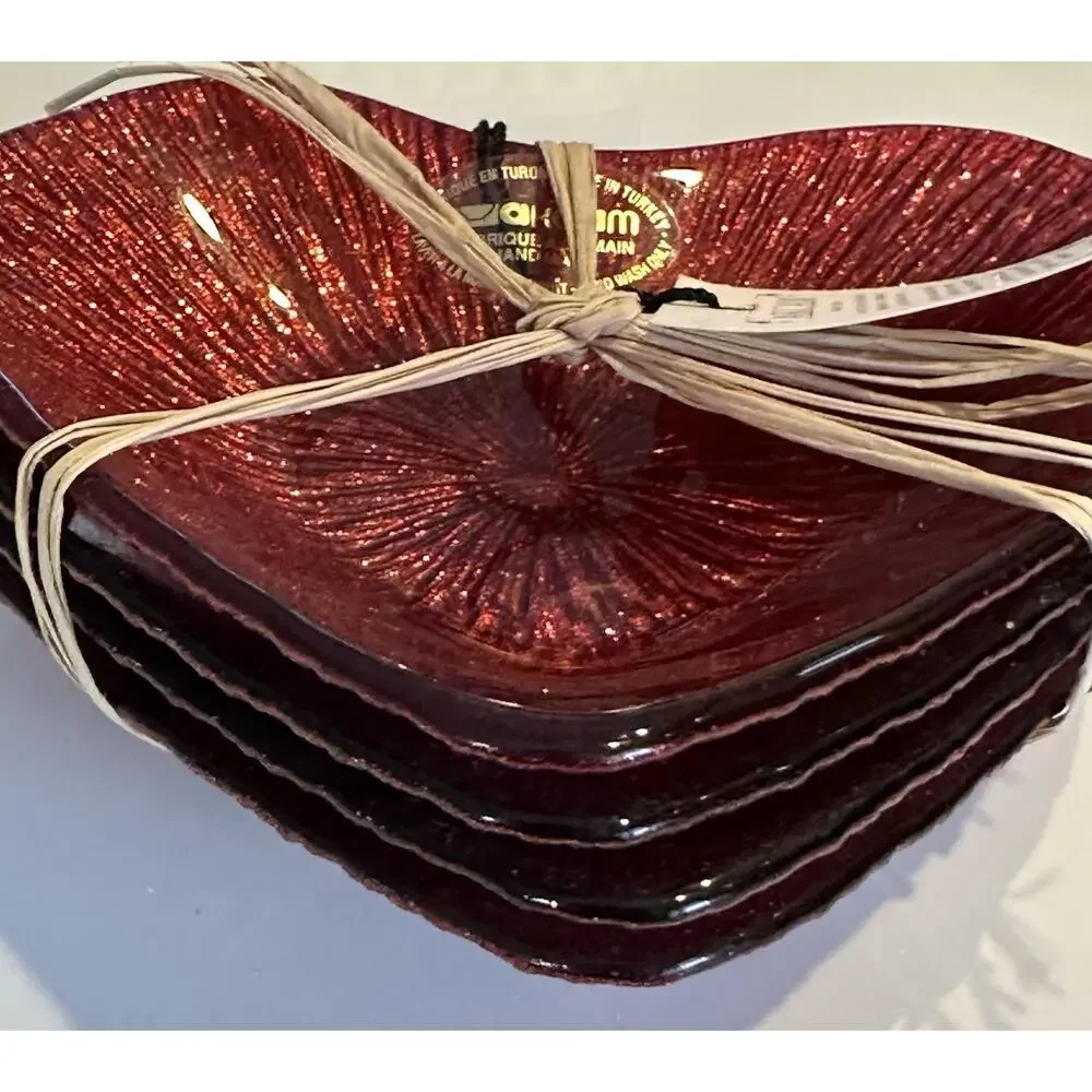 4 Akcam Red Glitter Glass Heart Appetizer Dessert Plate Dish Set Love Turkish
